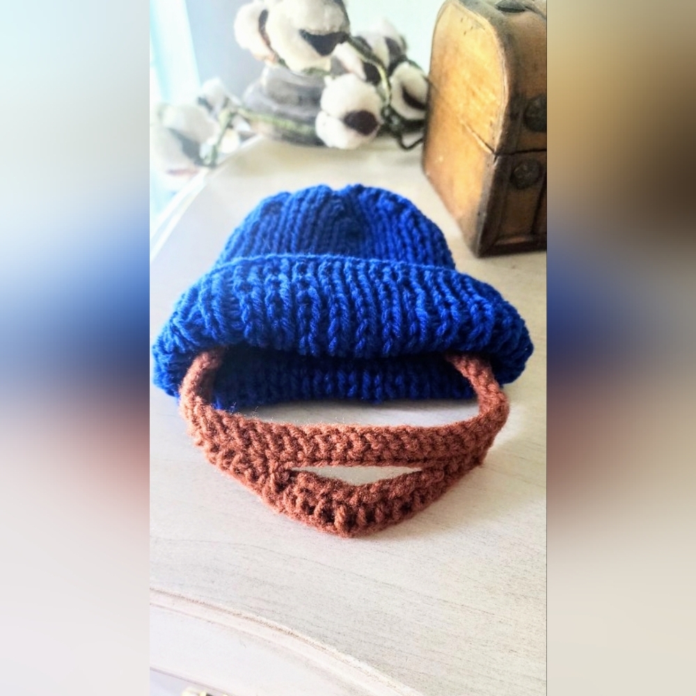 Handknit Newborn blue hat with crocheted detachable baby "beard" :0)